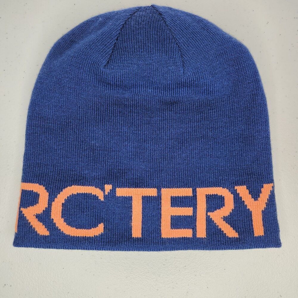 Arc'teryx Beanie Wool Blend Winter Hat, Men's One Size Blue w/ Orange Spell Out